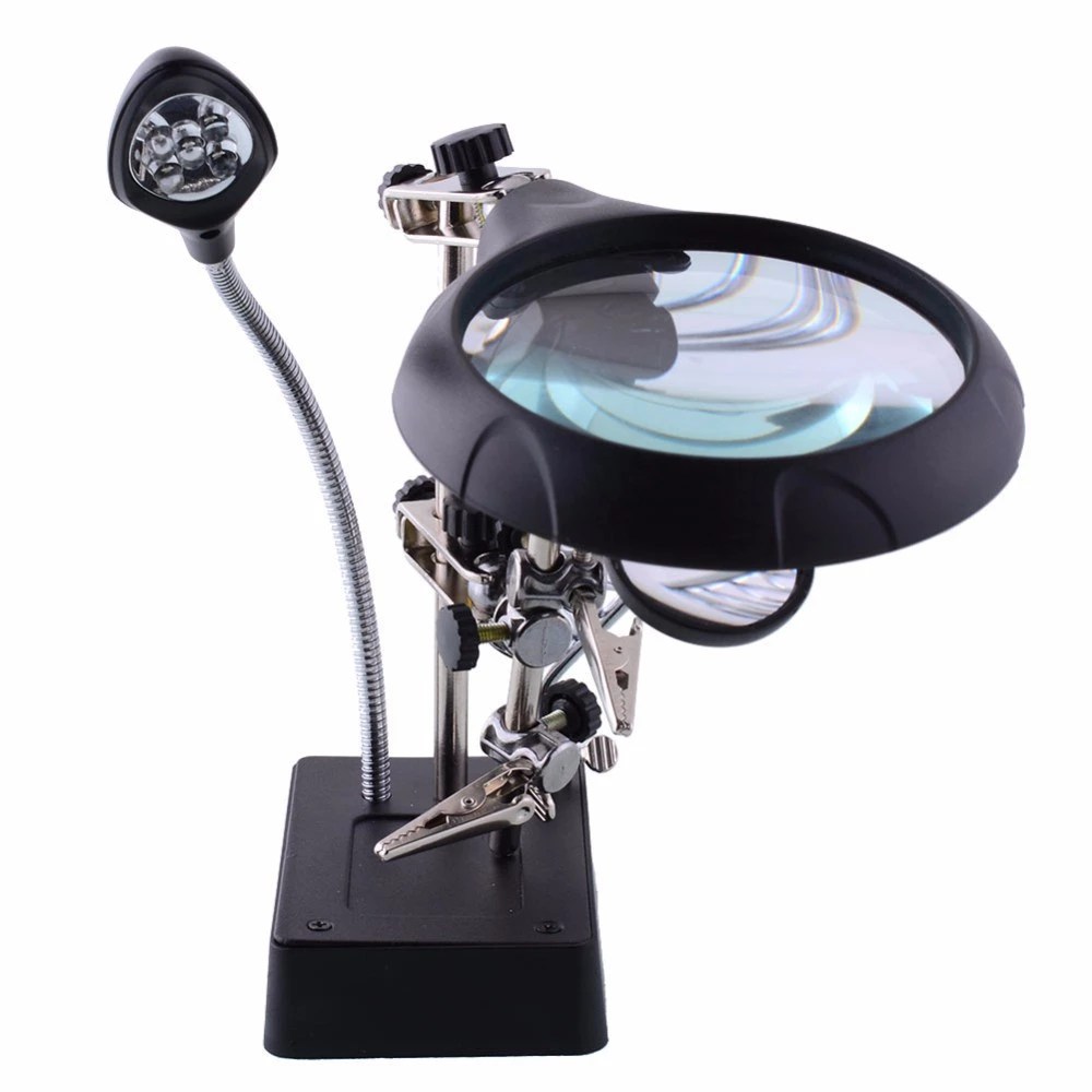 Welding-Magnifying-Glass-with-LED-Light-3-5X-12X-lens-Auxiliary-Clip-Loupe-Desktop-Magnifier-Third-hand-tool-in-pakistan.jpg Helping Hand Third Hand Tool Soldering Iron Stand with Magnifying Glass, Triple Zoom and LED Light - Image 2