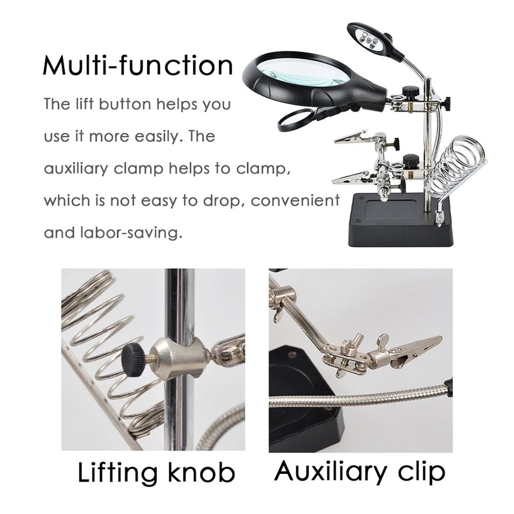 Welding-Magnifying-Glass-with-LED-Light-3-5X-12X-lens-Auxiliary-Clip-Loupe-Desktop-Magnifier-Third-hand-tool.jpg Helping Hand Third Hand Tool Soldering Iron Stand with Magnifying Glass, Triple Zoom and LED Light - Image 5