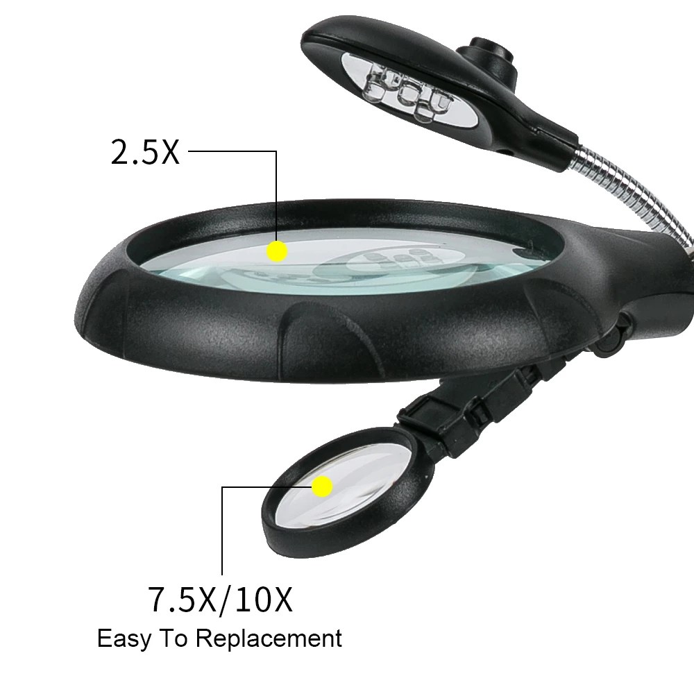 Welding-Magnifying-Glass-with-LED-Light-3-5X-12X-lens-Auxiliary-Clip-Loupe-Desktop-Magnifier-helping-hand.jpg Helping Hand Third Hand Tool Soldering Iron Stand with Magnifying Glass, Triple Zoom and LED Light - Image 3