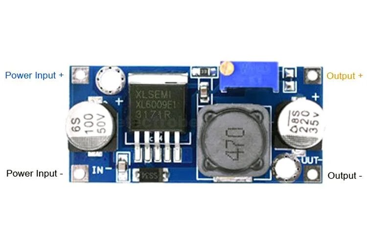 XL6009-Module-Pinout.jpg XL6009 DC-DC Step Up Boost Converter 5 – 32V to 5 – 35V 10W (4A) - Image 3