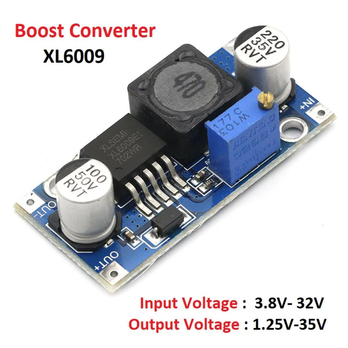 Xl6009-4A-dc-dc-boost-step-up-voltage-converter-module-board-in-Pakistan.jpg XL6009 DC-DC Step Up Boost Converter 5 – 32V to 5 – 35V 10W (4A) - Image 2